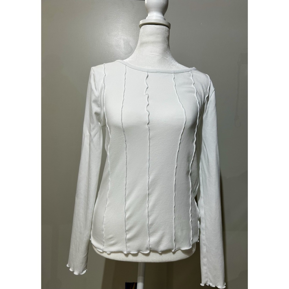 Loft White  Ruffle Ribbed Long Sleeve Stretch Tee Top Size M Excellent